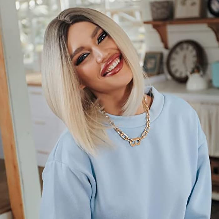 DILLARDS Haircube Ombre Blonde Bob Wig Shoulder Length Wigs For Women Dark Brown Roots Middle Part Heat Resistant Fibre Synthetic Wig Daily Natural Looking - Image 4